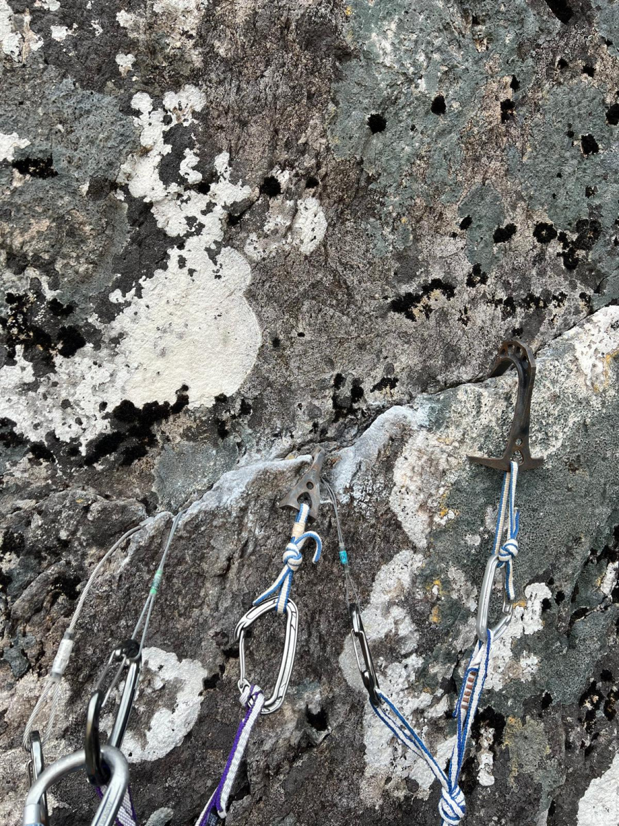 A shot of James' protection "nest" high on the route. Photo: OnceUponAClimb