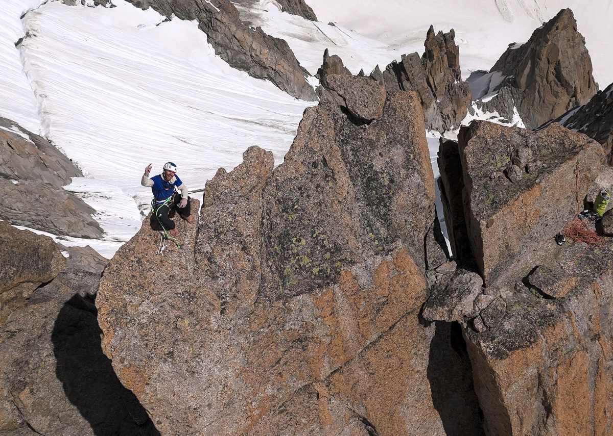A delighted Siebe Vanhee on the top of Voie Petit (450m, F8b) Photo: © Bernardo Gimenez/Julien Nadiras