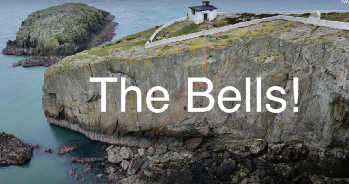 Gogarth's North Stack Wall with the line of The Bells, The Bells! (E7 6b) marked. Video Still: Rob Matheson