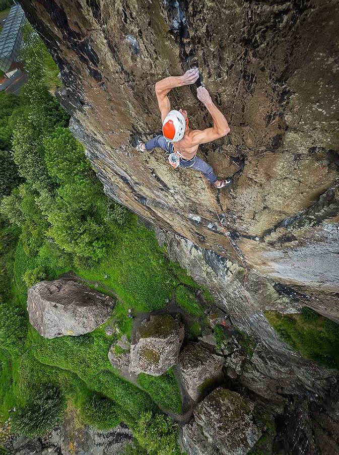 Billy Ridal high on the Rhapsody headwall at Dumbarton. Photo: Instagram/BritRockFilms