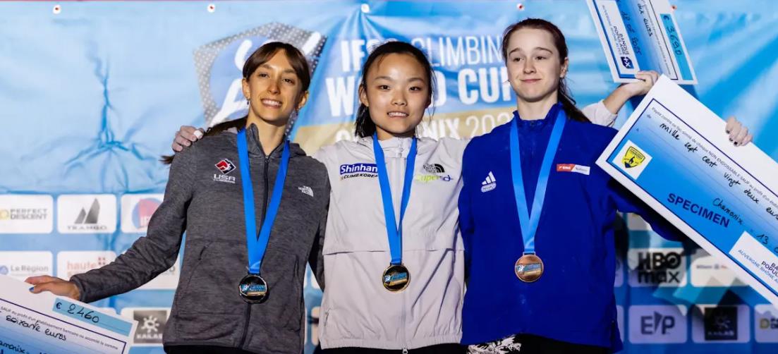 Women's podium in Chamonix where Erin McNeice took her fourth Lead medal of the season. Photo: IFSC