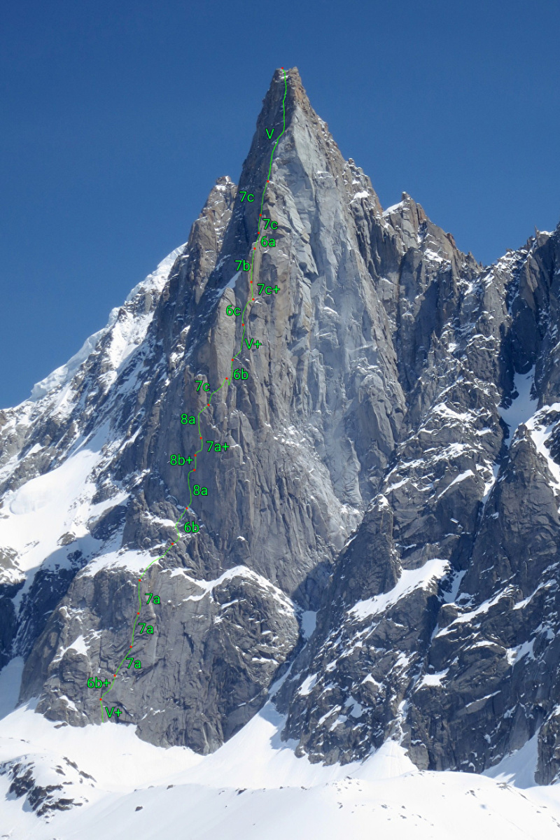 The Voie Lafille on the West Face of the Drus. Photo Topo: Leo Billon/Instagram