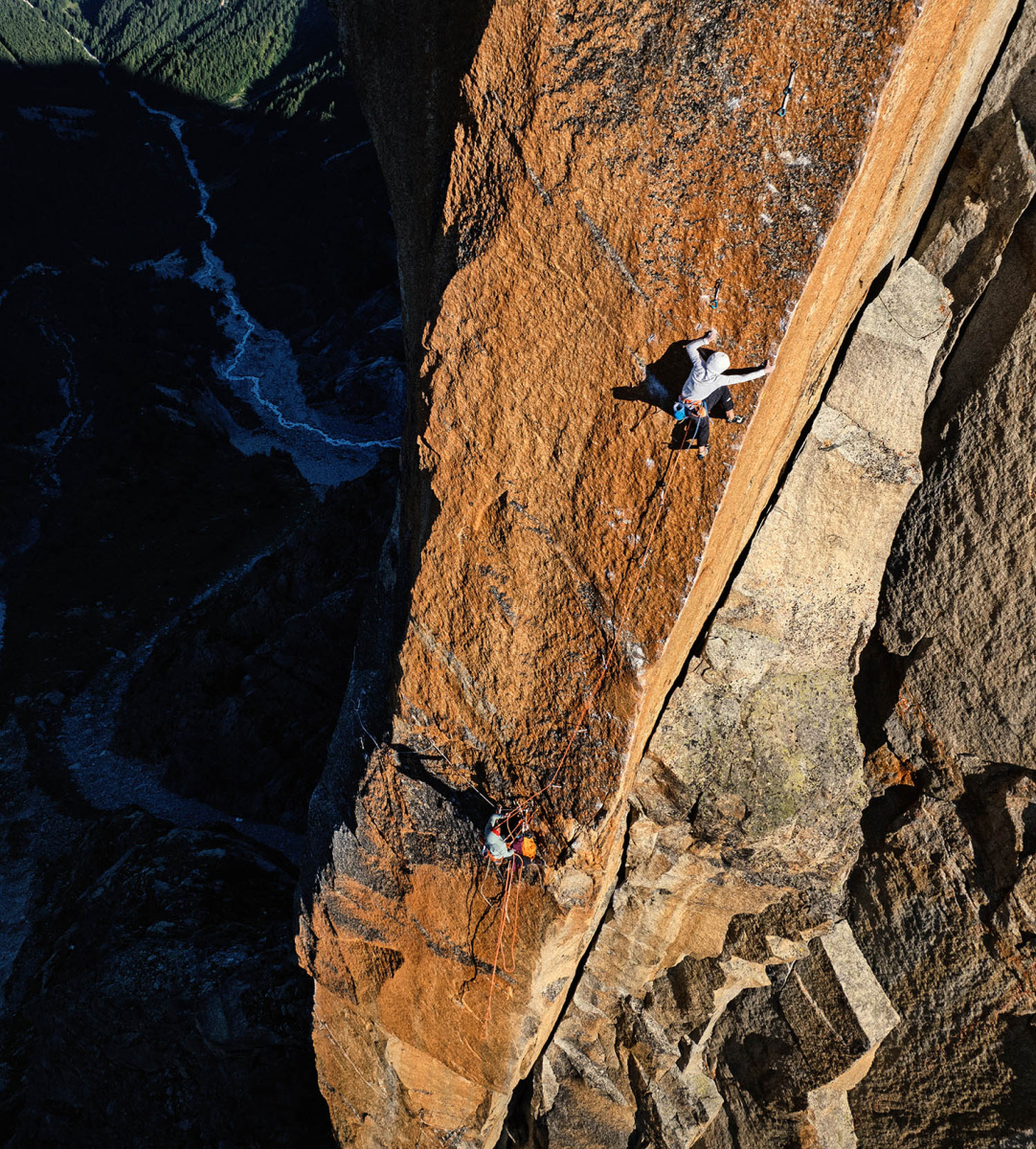Italian climbers Camilla Moroni and Pietro Vidi repeating Histoire sans Fin (8b+ 200m), Petit Clocher du Portalet, Switzerland. Photo: Andrea Cossu/Onsen Productions @onsen_productions