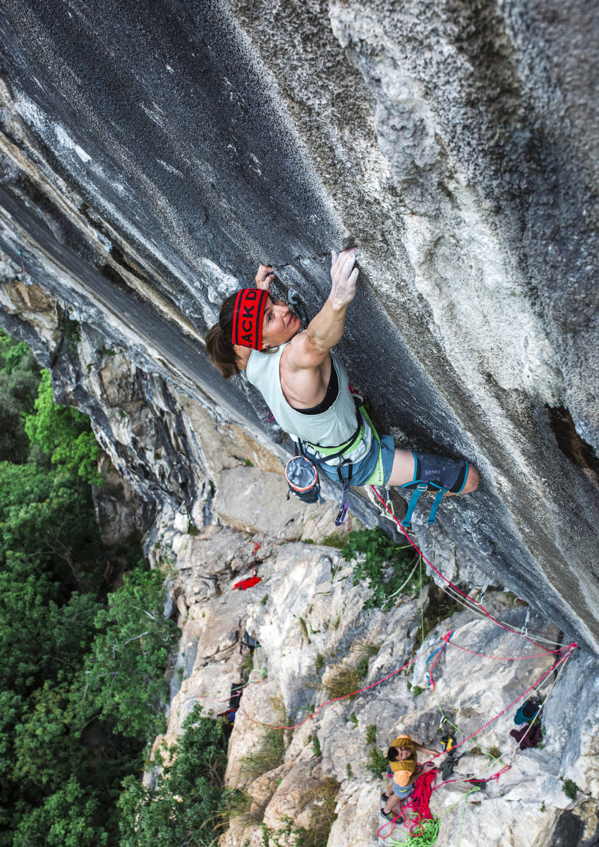 Babsi Zangerl climbing Bombardino (F9a+) in Arco, Italy. Photo: Jacopo Larcher