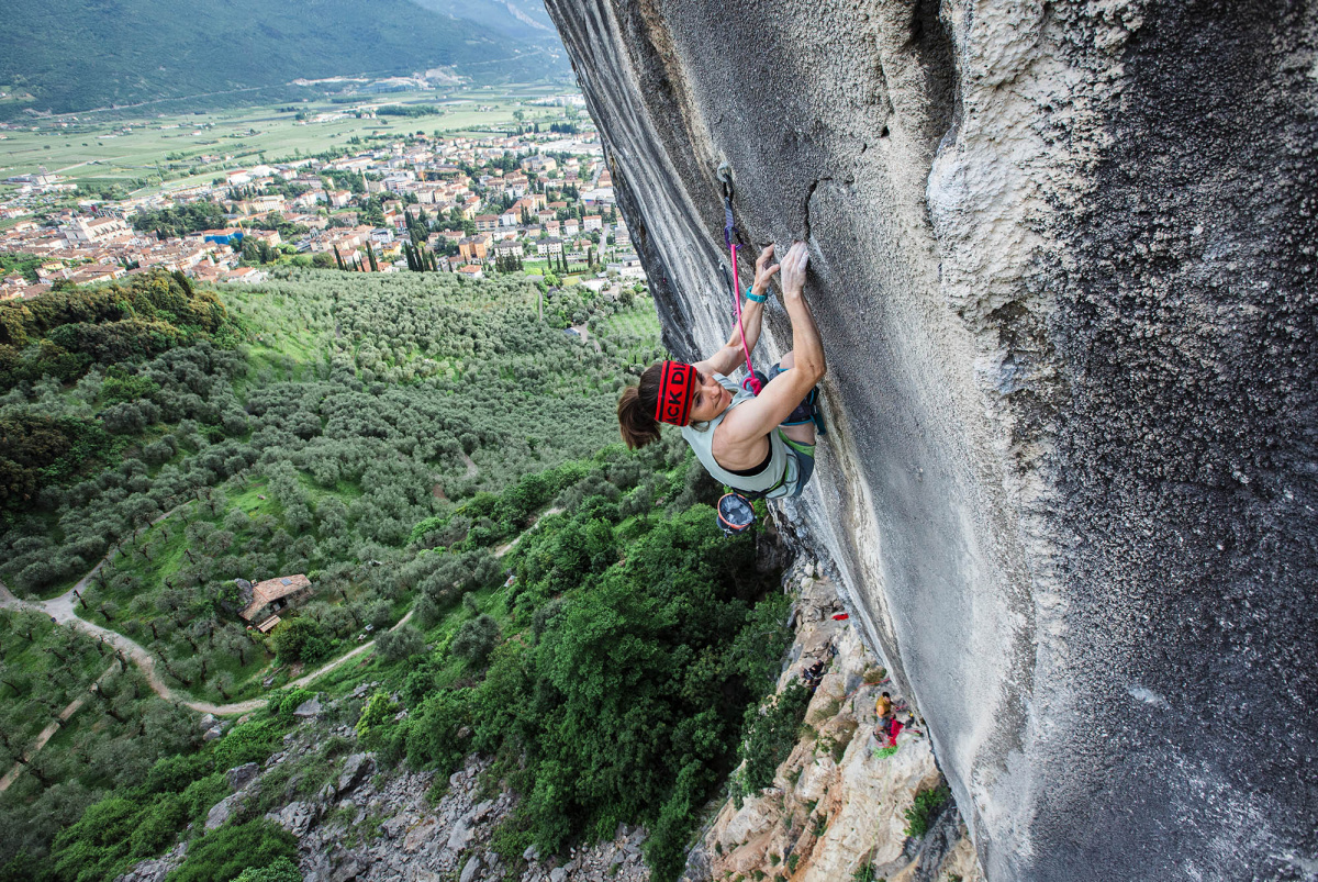 Babsi Zangerl climbing Bombardino (F9a+) in Arco, Italy. Her first at this grade. Photo: Jacopo Larcher