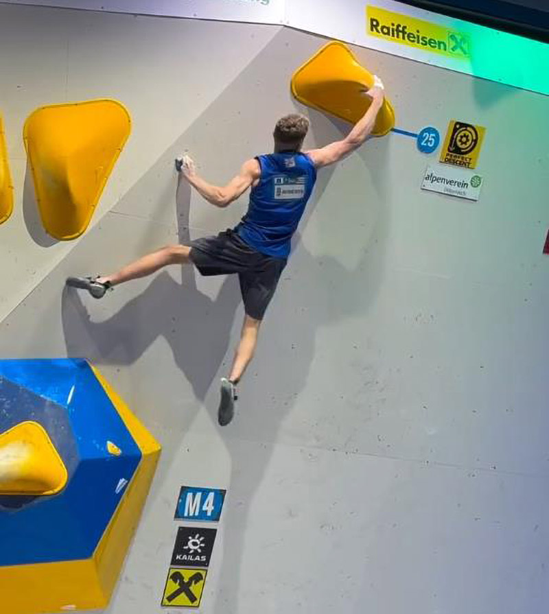 Toby Roberts flashing the final boulder of 2025 season to take the win and the gold medal at Innsbruck. Video Grab: Instagram/Toby Roberts