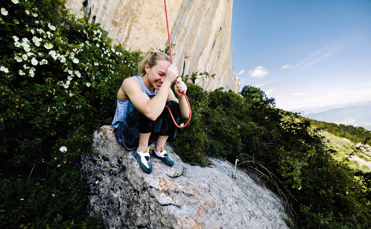 A very happy Janja Garnbret after climbing Bibliographie (F9b+). Photo: Jessica Glassberg / Red Bull Content Pool